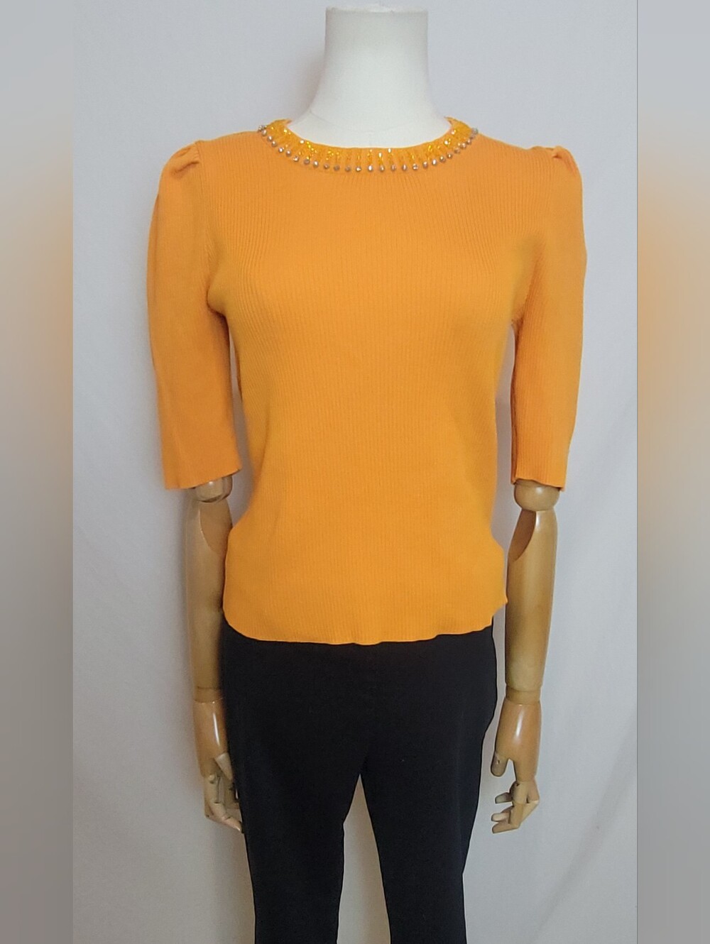 Nanette Lepore Tangerine Orange Beaded Rhinestone Knit Top, Size Medium